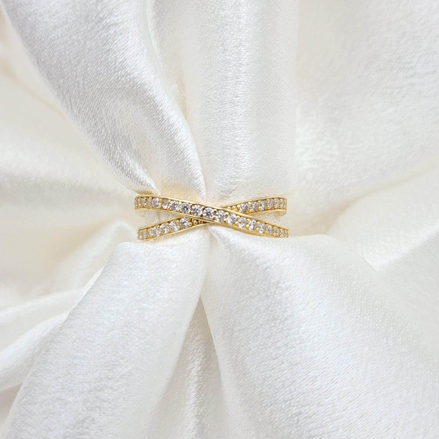 14k Gold X Ring, Crossed CZ Band - Unique & Beautiful - Perfect For Her - Fine 14k Gold Jewelry