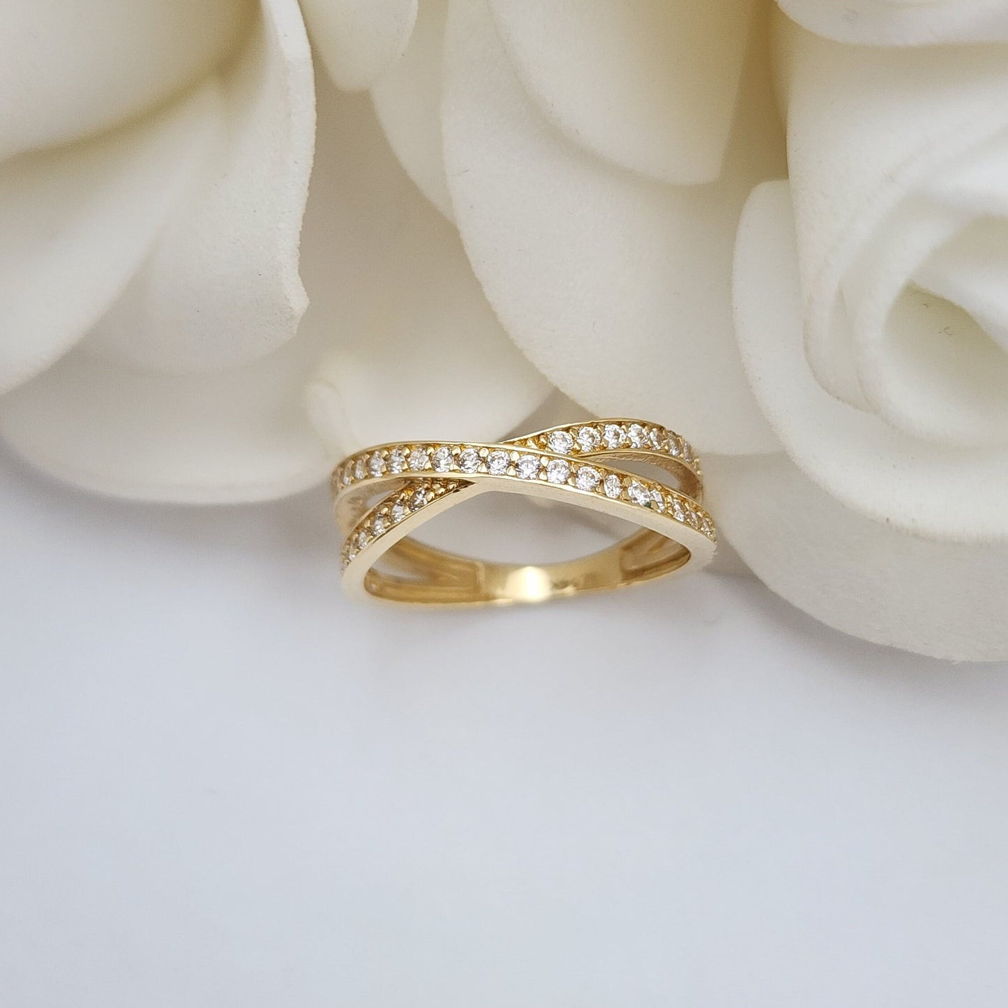 14k Gold X Ring, Crossed CZ Band - Unique & Beautiful - Perfect For Her - Fine 14k Gold Jewelry