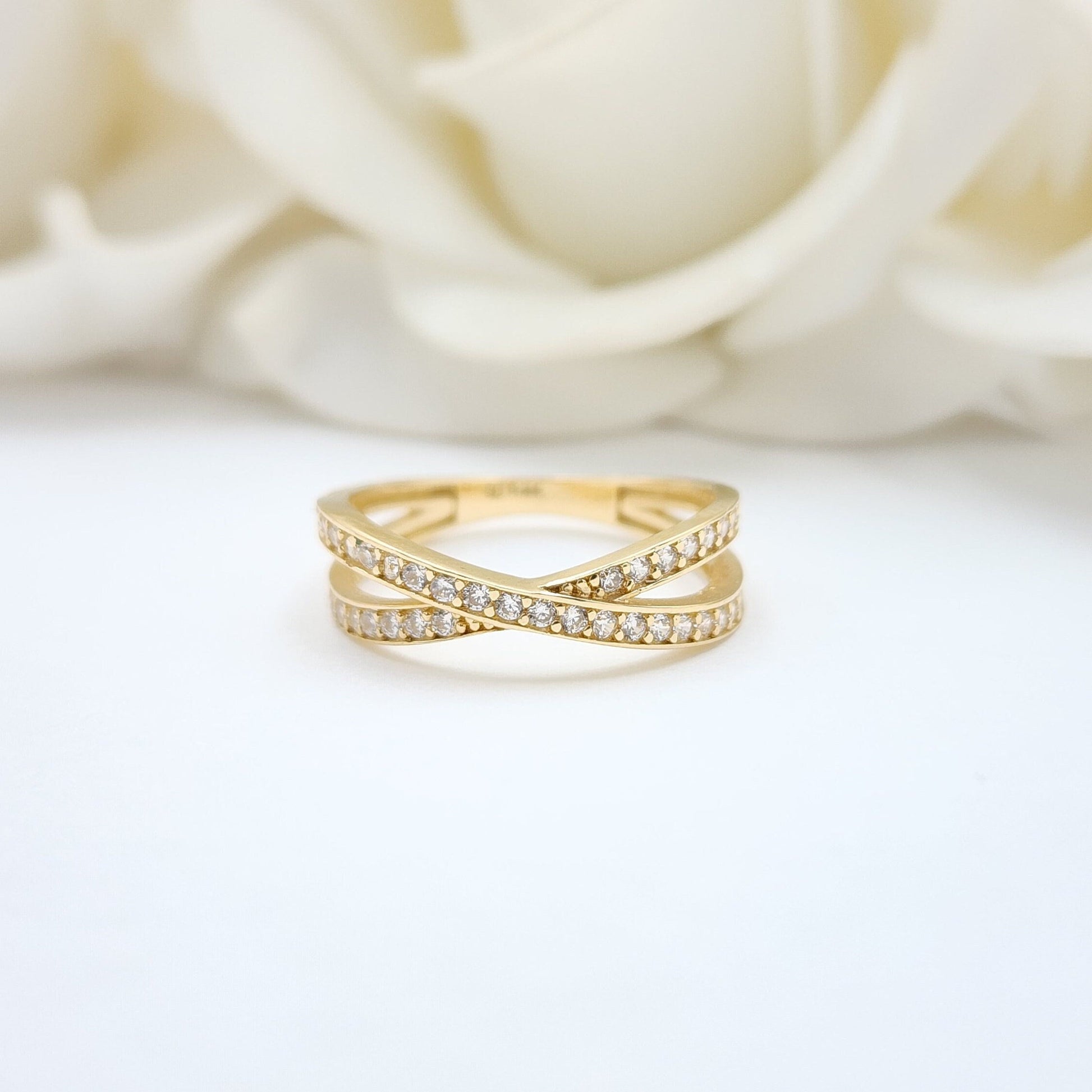 14k Gold X Ring, Crossed CZ Band - Unique & Beautiful - Perfect For Her - Fine 14k Gold Jewelry