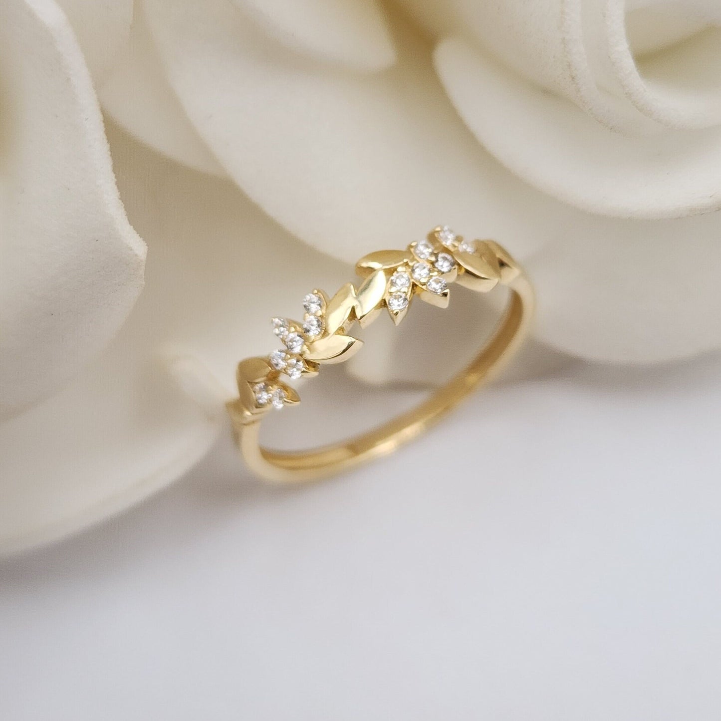 Solid 14K Gold Leaves CZ Ring - Dainty 14k Gold Band - Shiny & Modern - Perfect Gift For Her