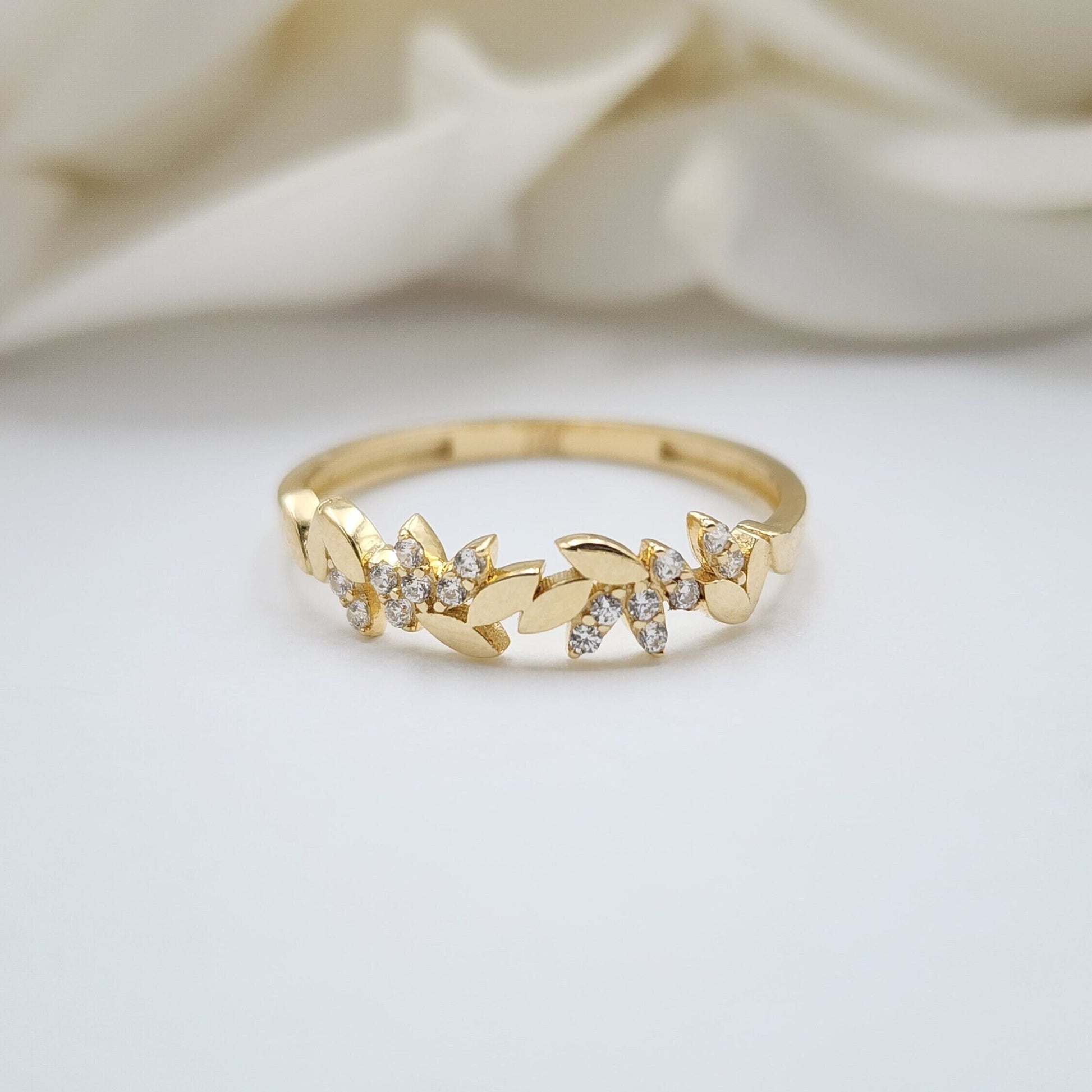 Solid 14K Gold Leaves CZ Ring - Dainty 14k Gold Band - Shiny & Modern - Perfect Gift For Her