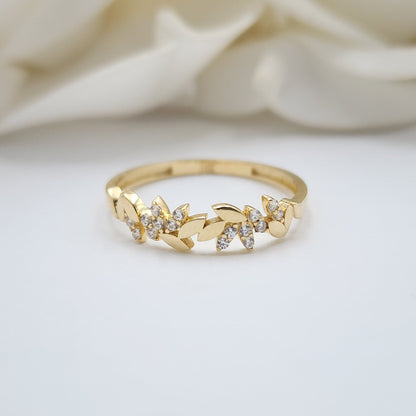 Solid 14K Gold Leaves CZ Ring - Dainty 14k Gold Band - Shiny & Modern - Perfect Gift For Her