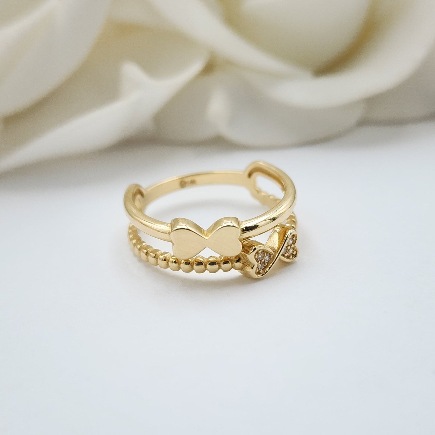 Solid 14k Gold Double Bow Ring - Beautiful Big Ring - Modern & Everlasting - Perfect For Her