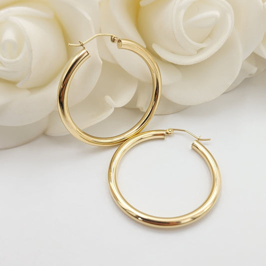 14k Yellow Gold 3MM Round Hollow Polished Hoop Earrings - Thick Hoops - Classic & Lightweight - 14k Stamped