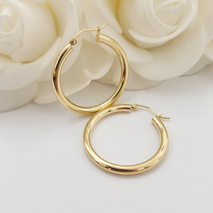 14k Yellow Gold 3MM Round Hollow Polished Hoop Earrings - Thick Hoops - Classic & Lightweight - 14k Stamped