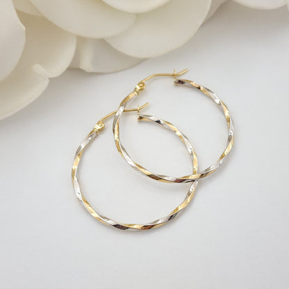 14k White and Yellow Gold Thin Twisted Hoops Earrings - 30MM - Lightweight & Modern - Perfect For Delicate look - Perfect For Her