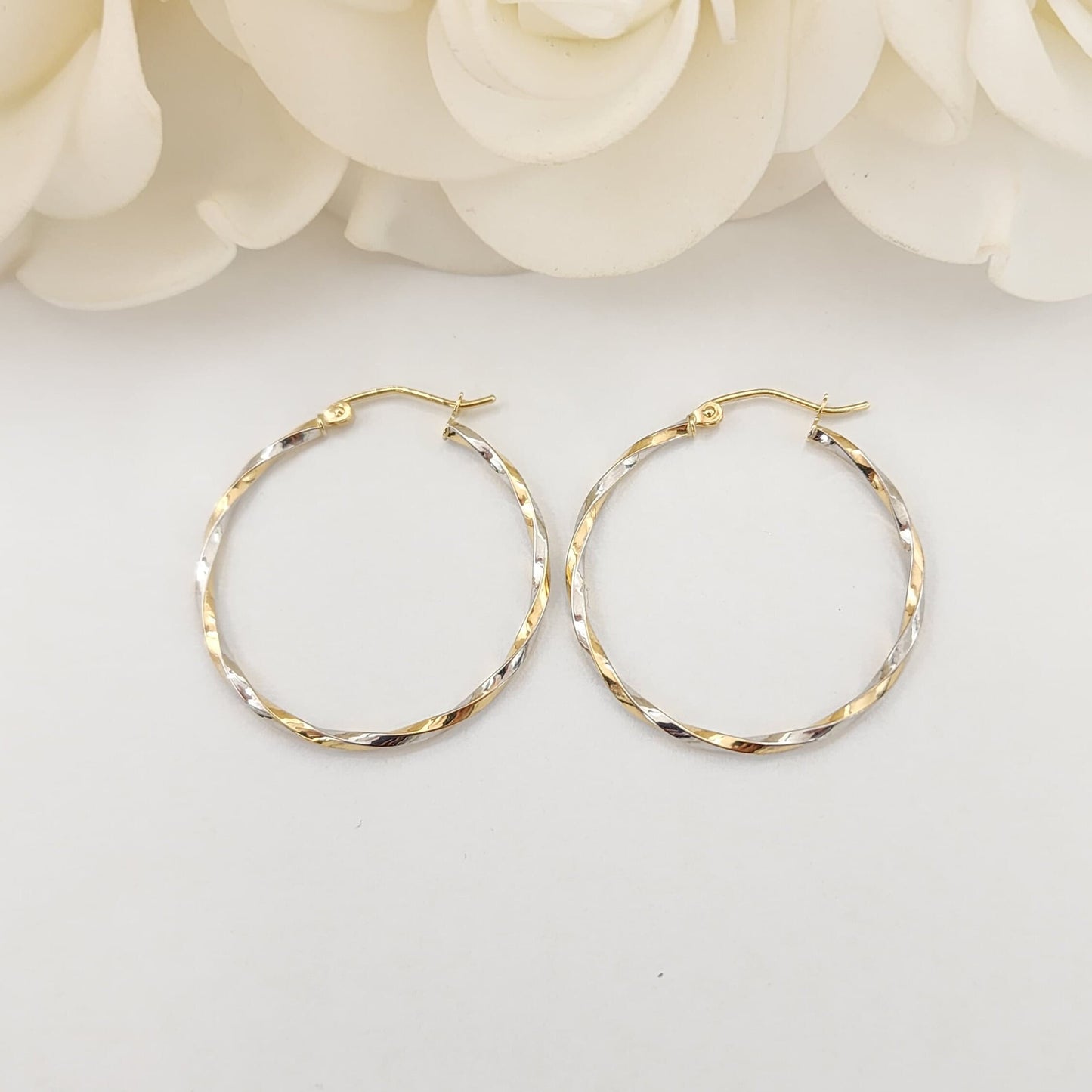 14k White and Yellow Gold Thin Twisted Hoops Earrings - 30MM - Lightweight & Modern - Perfect For Delicate look - Perfect For Her