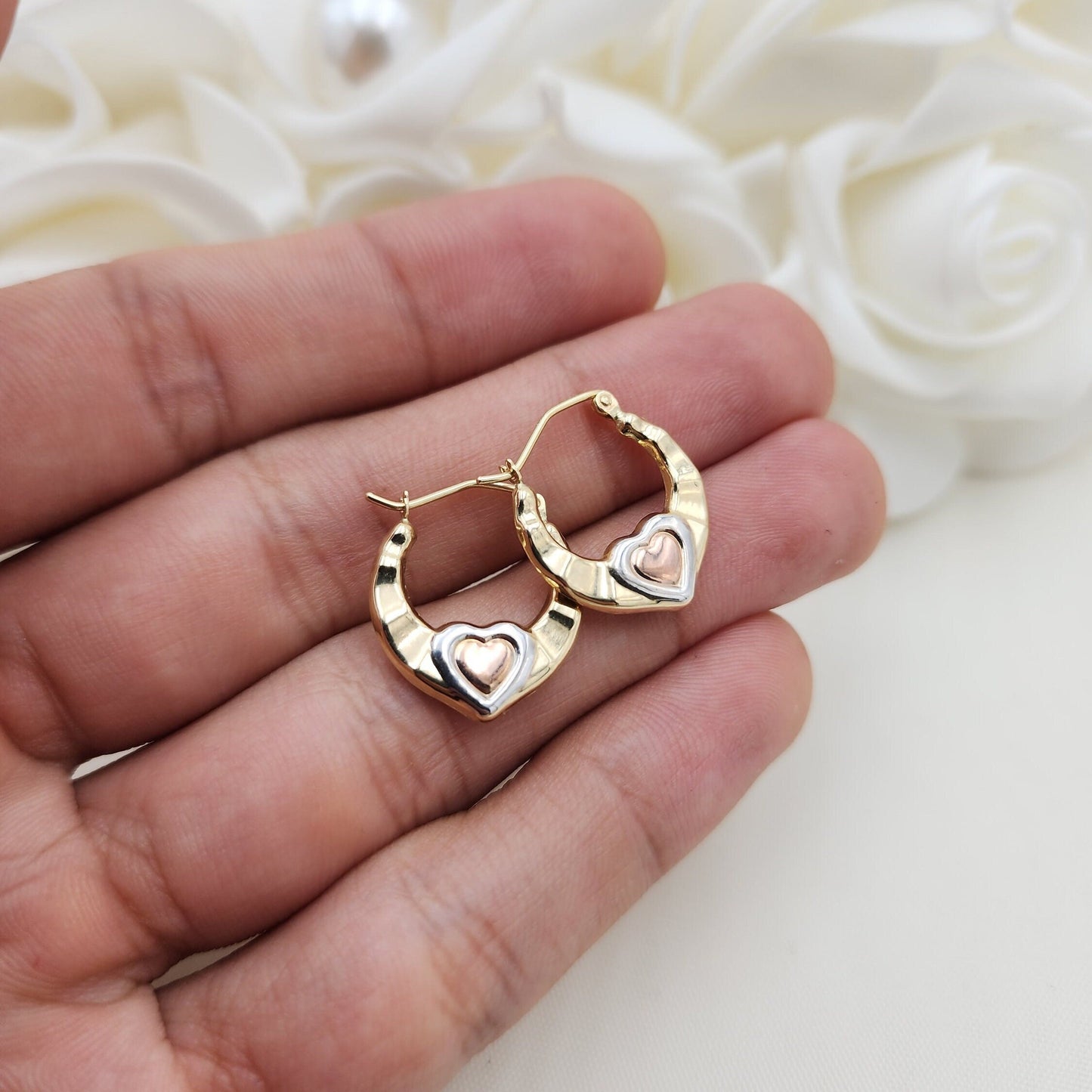 14k Tricolor Gold Small Hearts Hoop Earrings - Cute Small Hoops - Perfect For Her - Perfect For Girls