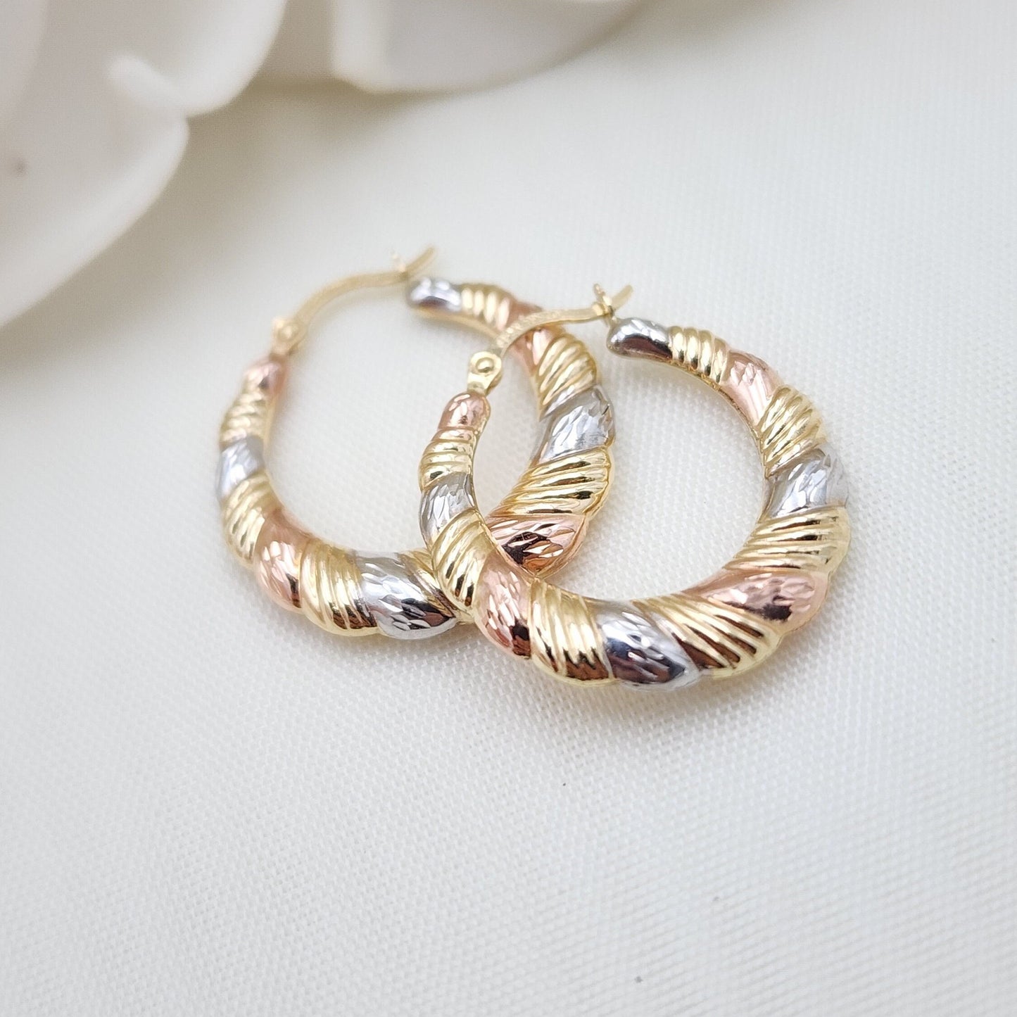 14k Tricolor Gold Croissant Hoop Earrings - 22mm - 3.5mm Thick - Shiny & Modern - Perfect Gift For Her -