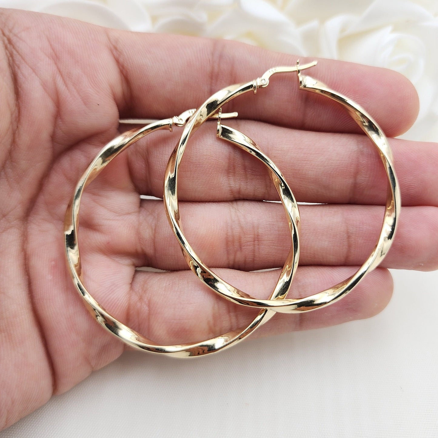 Real 14k Gold 3mm Twisted Hoops Earrings - 50mm - Real Gold - Fine Modern Jewelry For Her - Perfect Birthday, Anniversary Gift