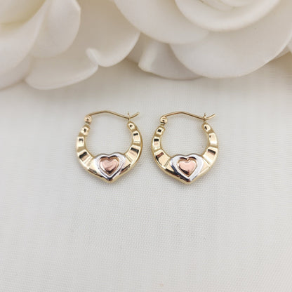 14k Tricolor Gold Small Hearts Hoop Earrings - Cute Small Hoops - Perfect For Her - Perfect For Girls