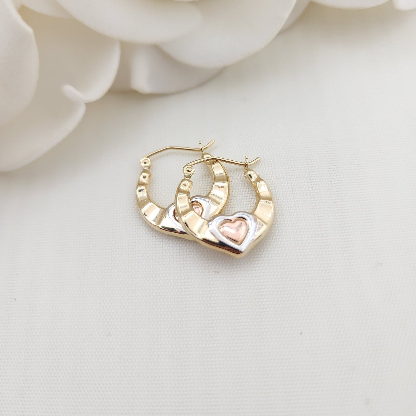 14k Tricolor Gold Small Hearts Hoop Earrings - Cute Small Hoops - Perfect For Her - Perfect For Girls