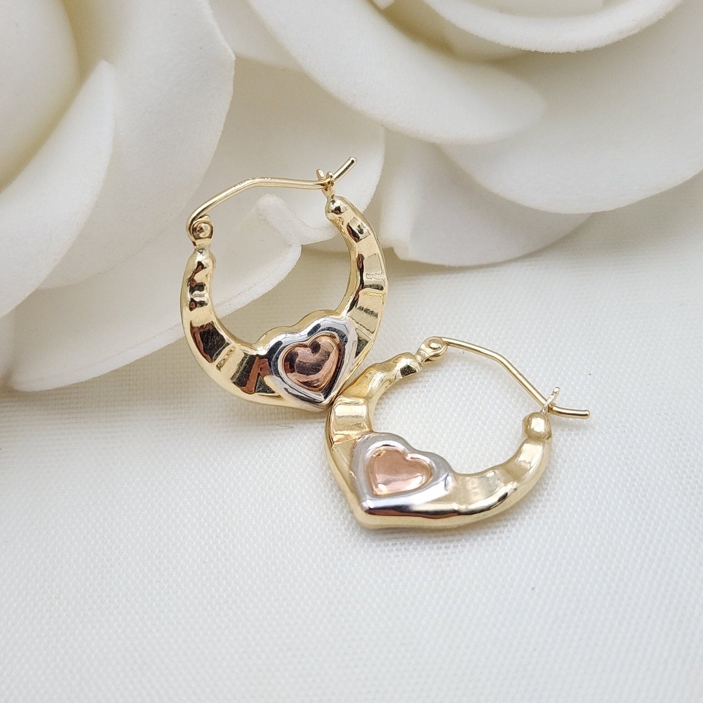 14k Tricolor Gold Small Hearts Hoop Earrings - Cute Small Hoops - Perfect For Her - Perfect For Girls