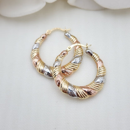 14k Tricolor Gold Croissant Hoop Earrings - 22mm - 3.5mm Thick - Shiny & Modern - Perfect Gift For Her -