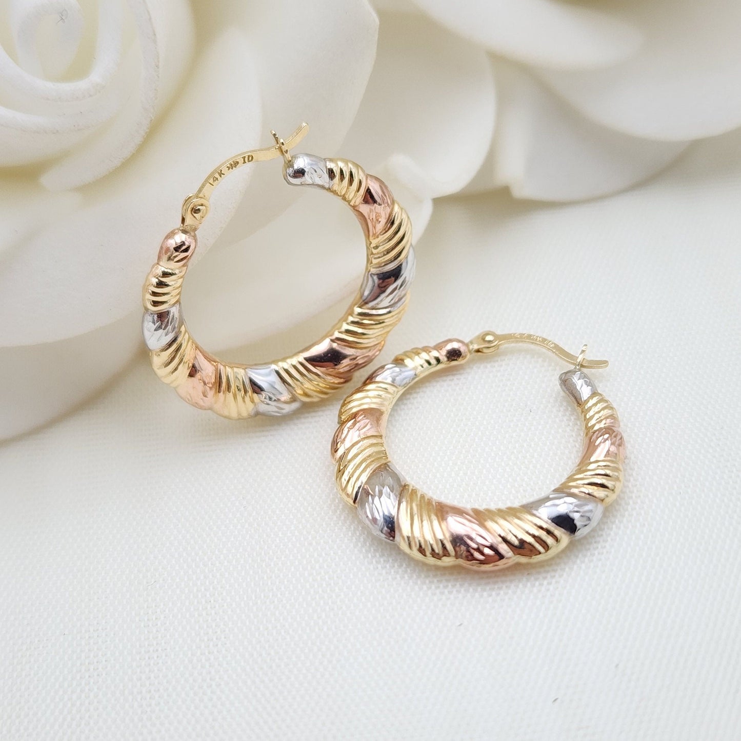 14k Tricolor Gold Croissant Hoop Earrings - 22mm - 3.5mm Thick - Shiny & Modern - Perfect Gift For Her -