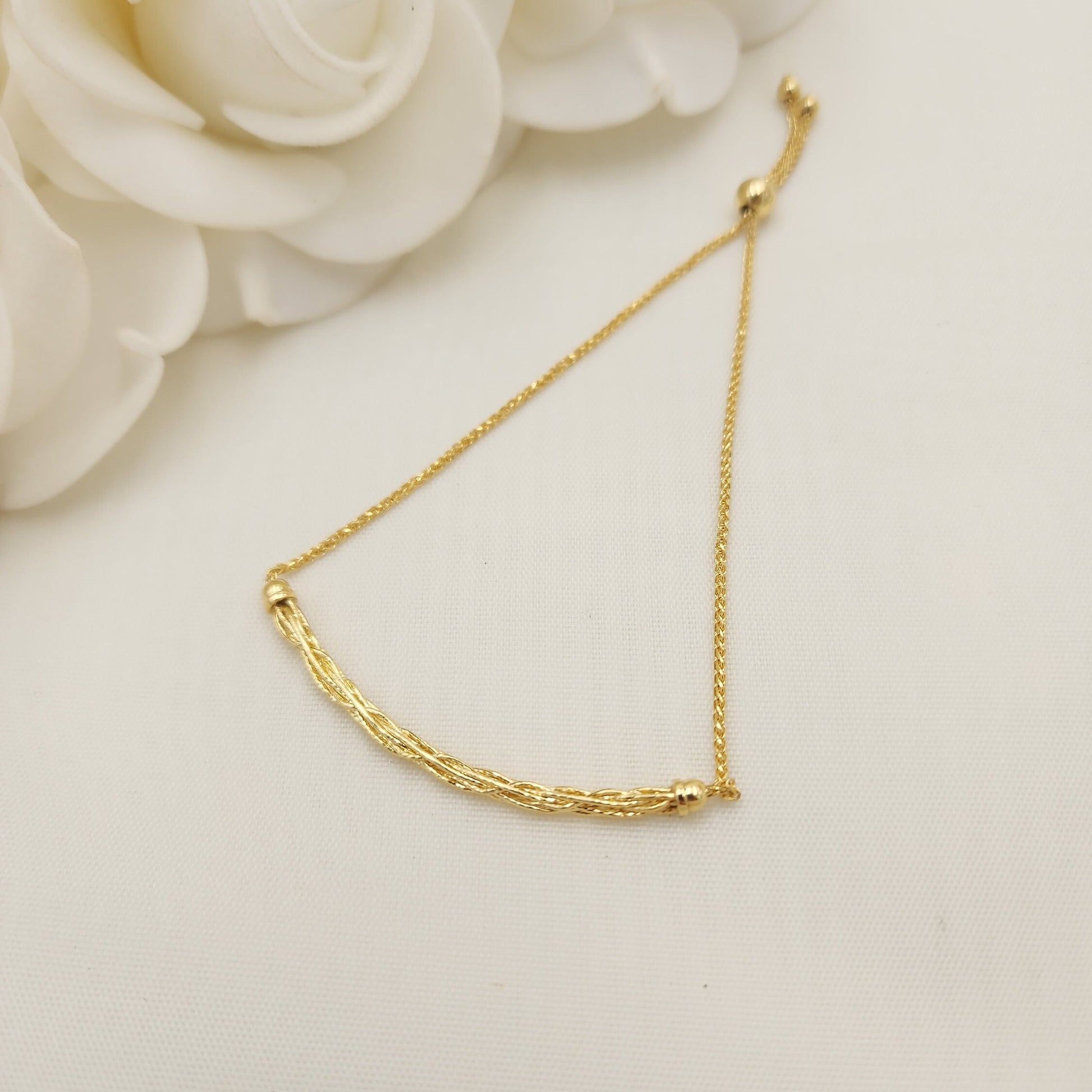 Solid 14k Gold Dainty Twisted Bracelet - Fully adjustable - 7.5 to 5.5 Inches - Shiny & Minimalist