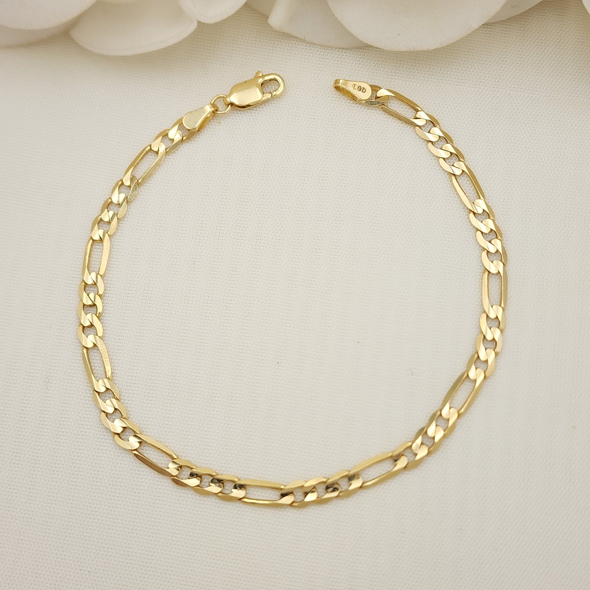 Solid 14k Gold Close Link Figaro Bracelet - 7.5 Inches - 3.9mm - Unisex - Real 14k Gold