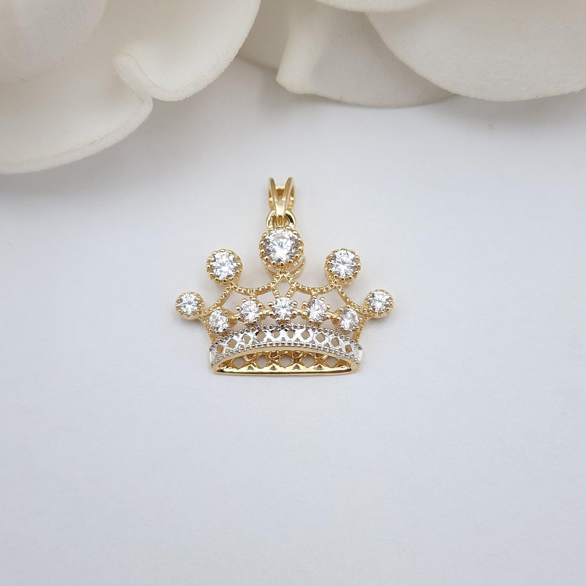 Solid 14k Gold 3D Crown Charm Necklace - Dainty Box Chain - Cubic Zirconia - Perfect For Her - Fancy & Shiny