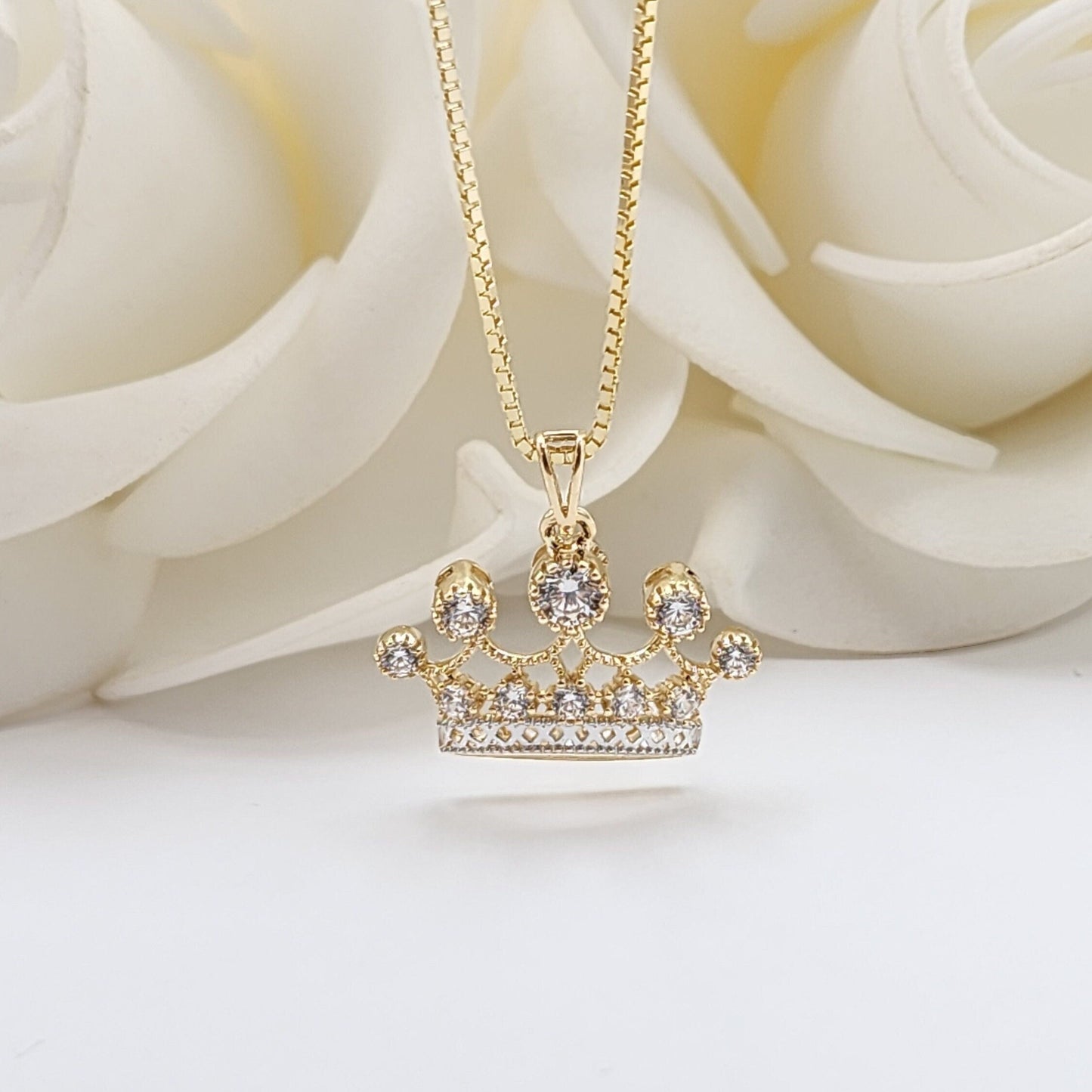 Solid 14k Gold 3D Crown Charm Necklace - Dainty Box Chain - Cubic Zirconia - Perfect For Her - Fancy & Shiny