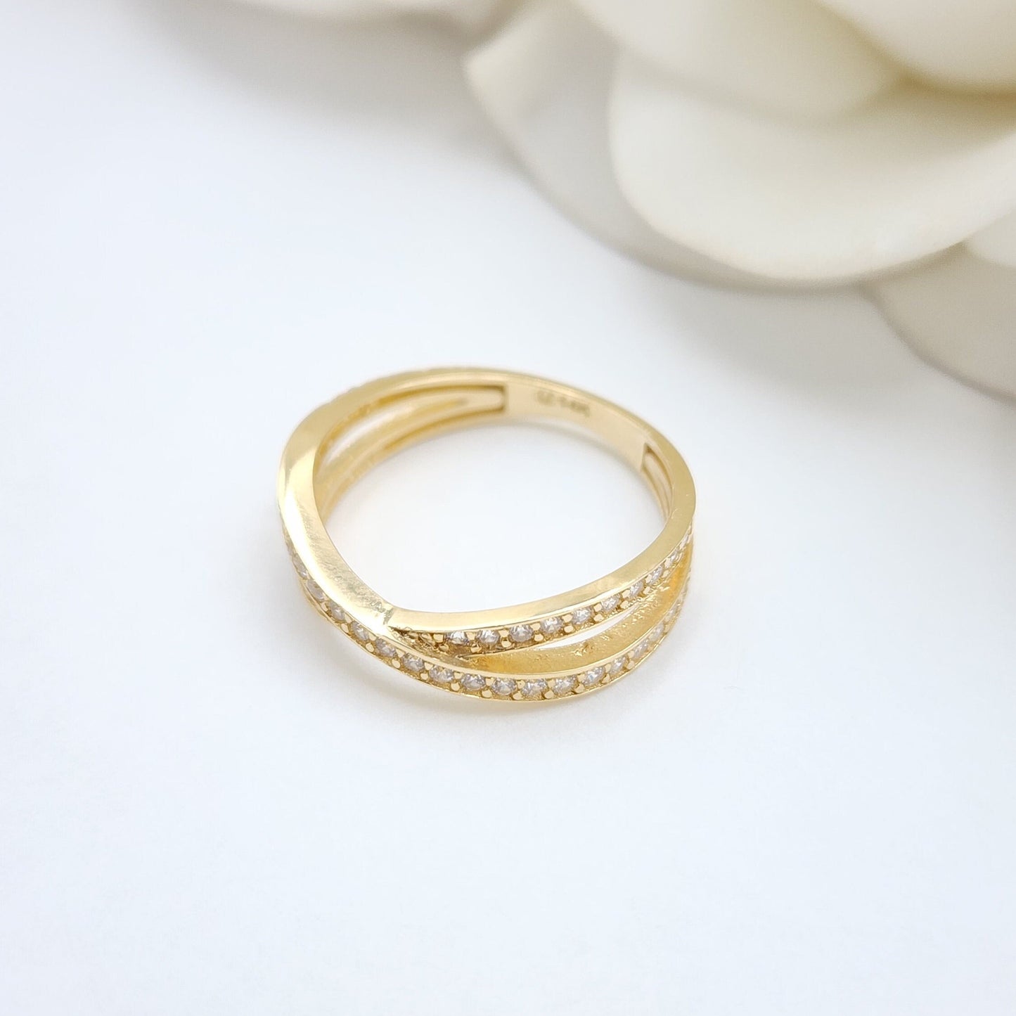 14k Gold X Ring, Crossed CZ Band - Unique & Beautiful - Perfect For Her - Fine 14k Gold Jewelry