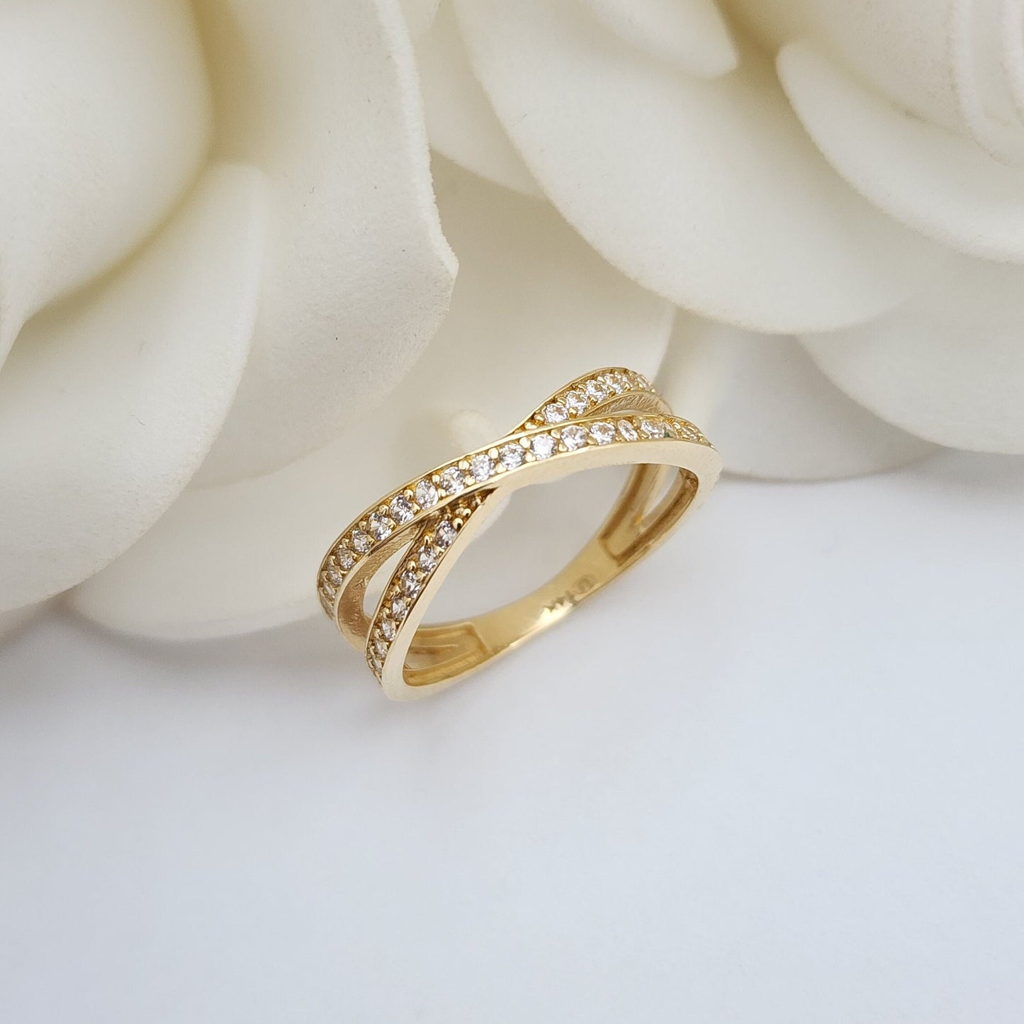 14k Gold X Ring, Crossed CZ Band - Unique & Beautiful - Perfect For Her - Fine 14k Gold Jewelry