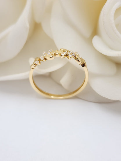 Solid 14K Gold Leaves CZ Ring - Dainty 14k Gold Band - Shiny & Modern - Perfect Gift For Her