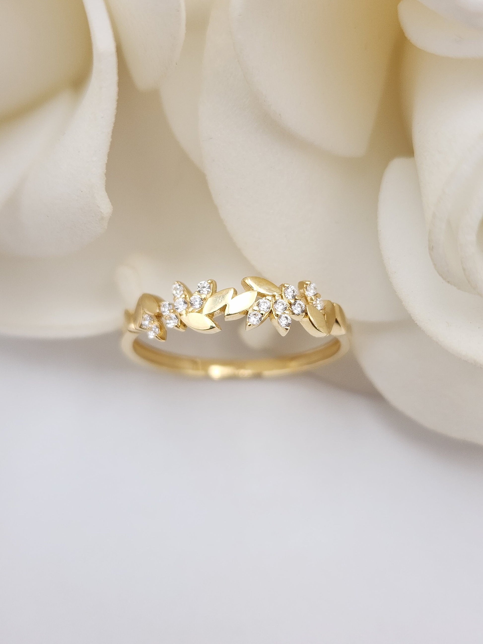 Solid 14K Gold Leaves CZ Ring - Dainty 14k Gold Band - Shiny & Modern - Perfect Gift For Her