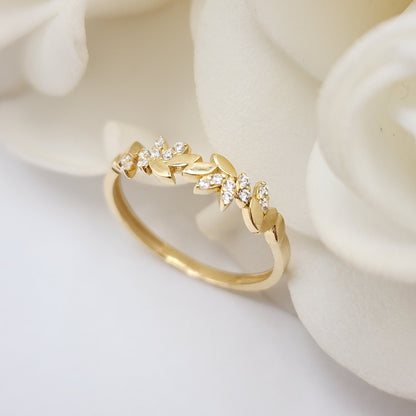 Solid 14K Gold Leaves CZ Ring - Dainty 14k Gold Band - Shiny & Modern - Perfect Gift For Her