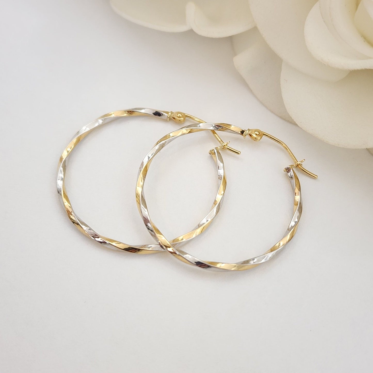 14k White and Yellow Gold Thin Twisted Hoops Earrings - 30MM - Lightweight & Modern - Perfect For Delicate look - Perfect For Her