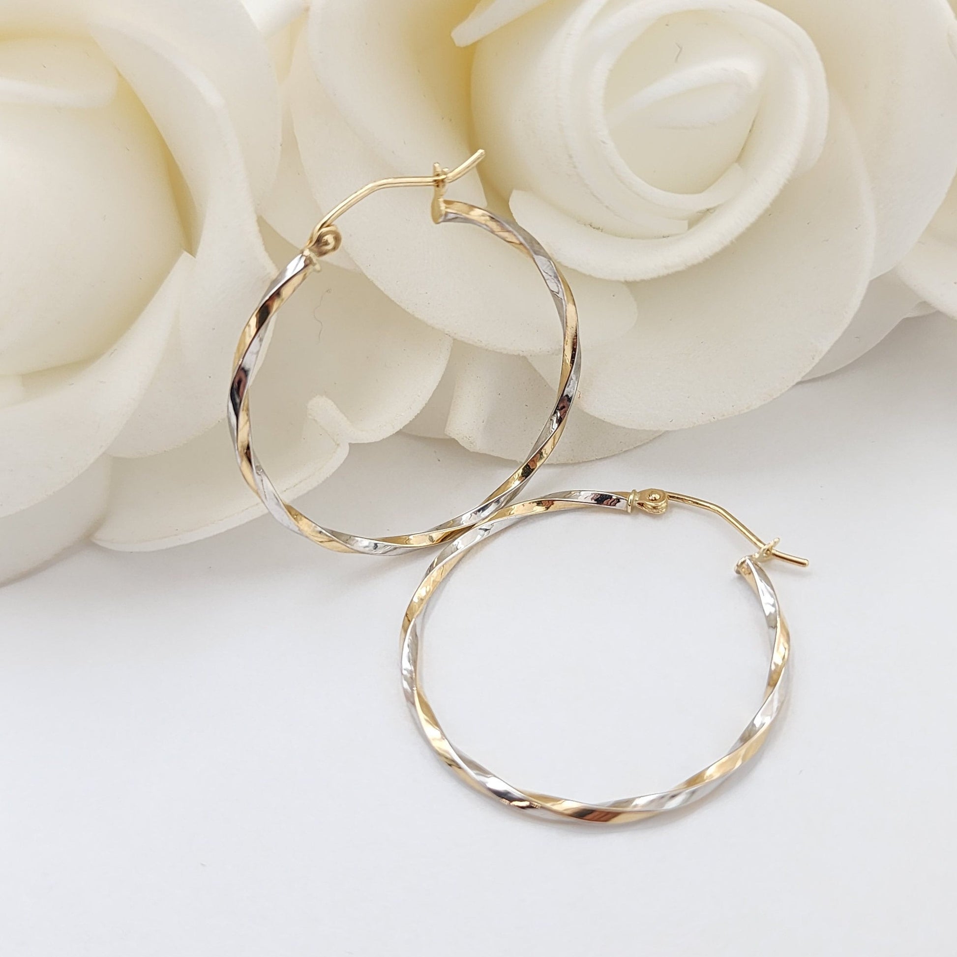 14k White and Yellow Gold Thin Twisted Hoops Earrings - 30MM - Lightweight & Modern - Perfect For Delicate look - Perfect For Her