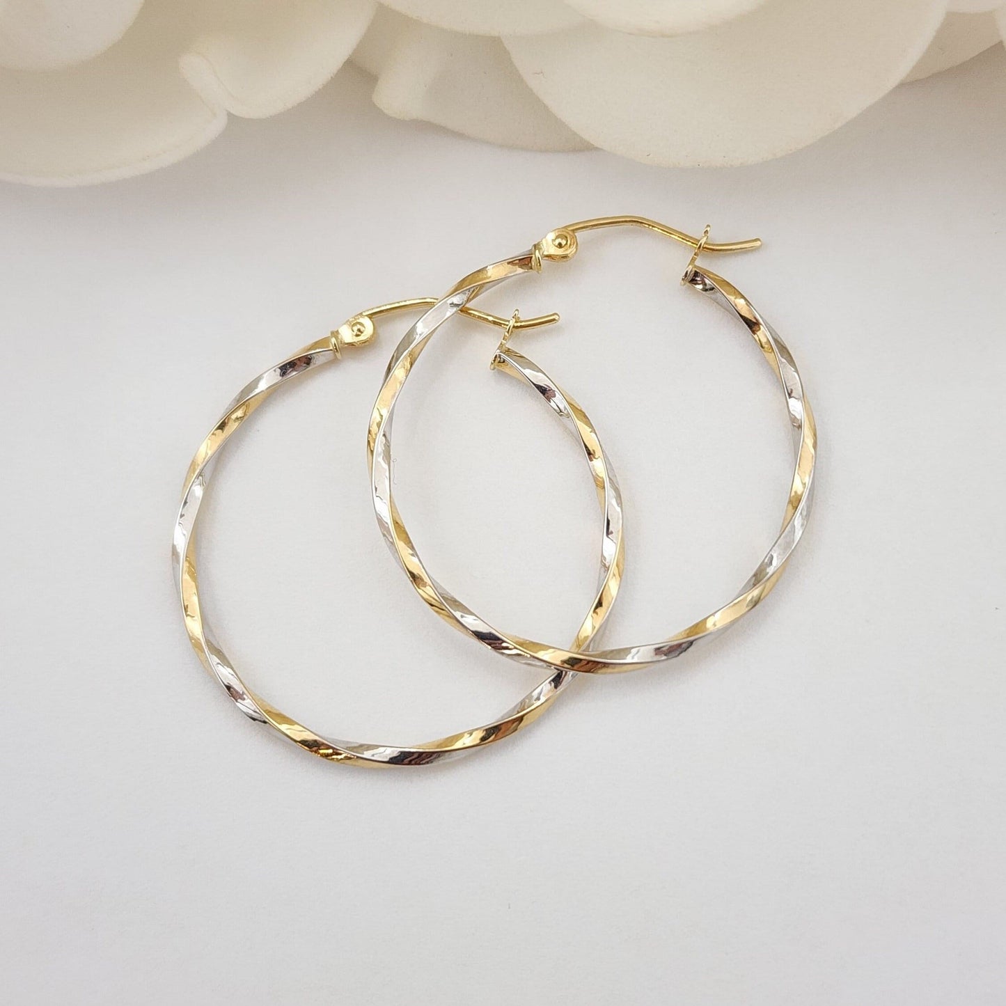 14k White and Yellow Gold Thin Twisted Hoops Earrings - 30MM - Lightweight & Modern - Perfect For Delicate look - Perfect For Her