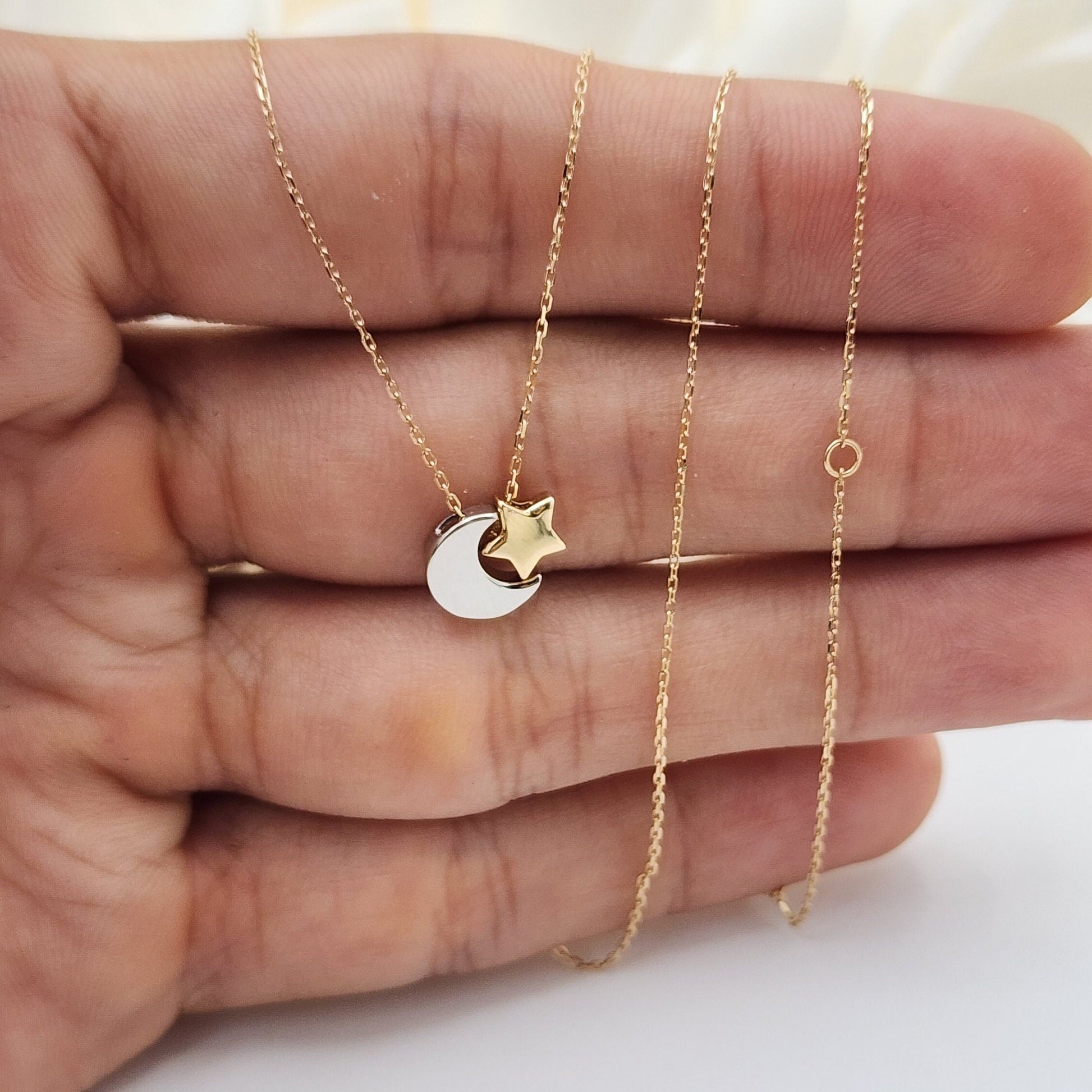 Dainty 14k Gold Moon & Star Necklace - 18 Inches - Adjustable - Cute And Modern - Perfect Gift For Her