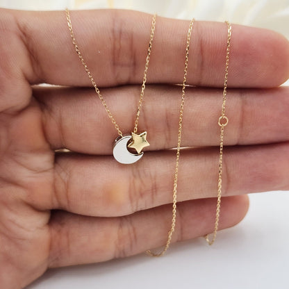 Dainty 14k Gold Moon & Star Necklace - 18 Inches - Adjustable - Cute And Modern - Perfect Gift For Her