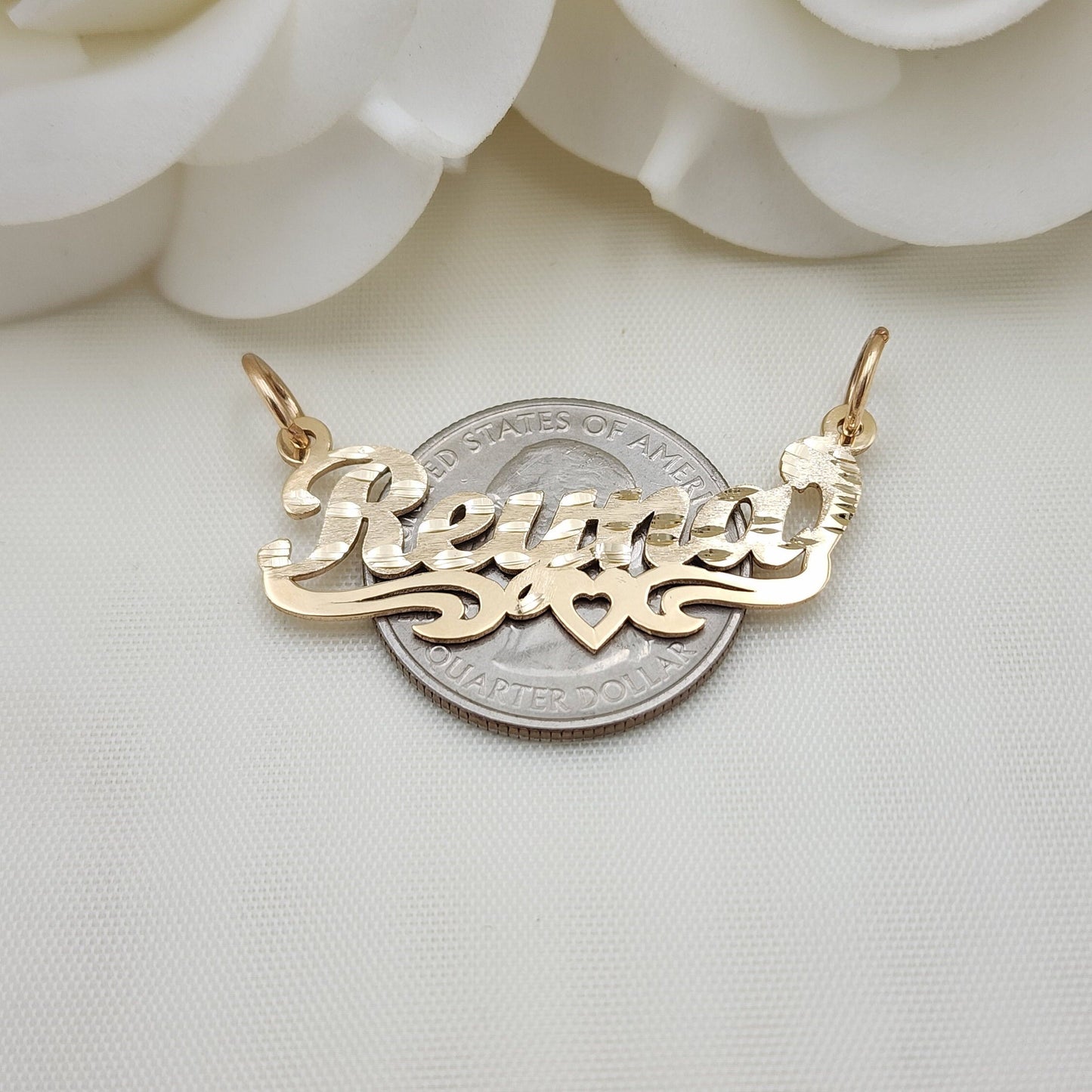 Solid 14K Gold Personalized Heart NamePlate - Custom Real Gold Diamond Cut - Made To Order -