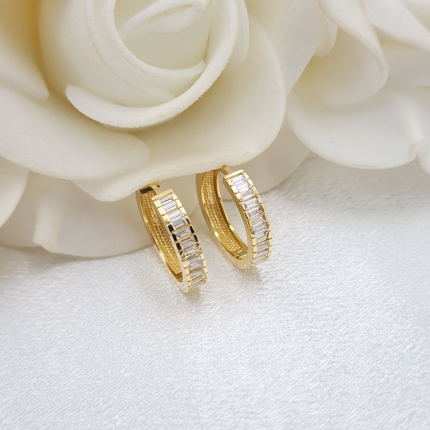 Modern 14k Gold Baguette CZ Huggies Earrings - 16mm - Perfect For Girls & Women - Real Gold