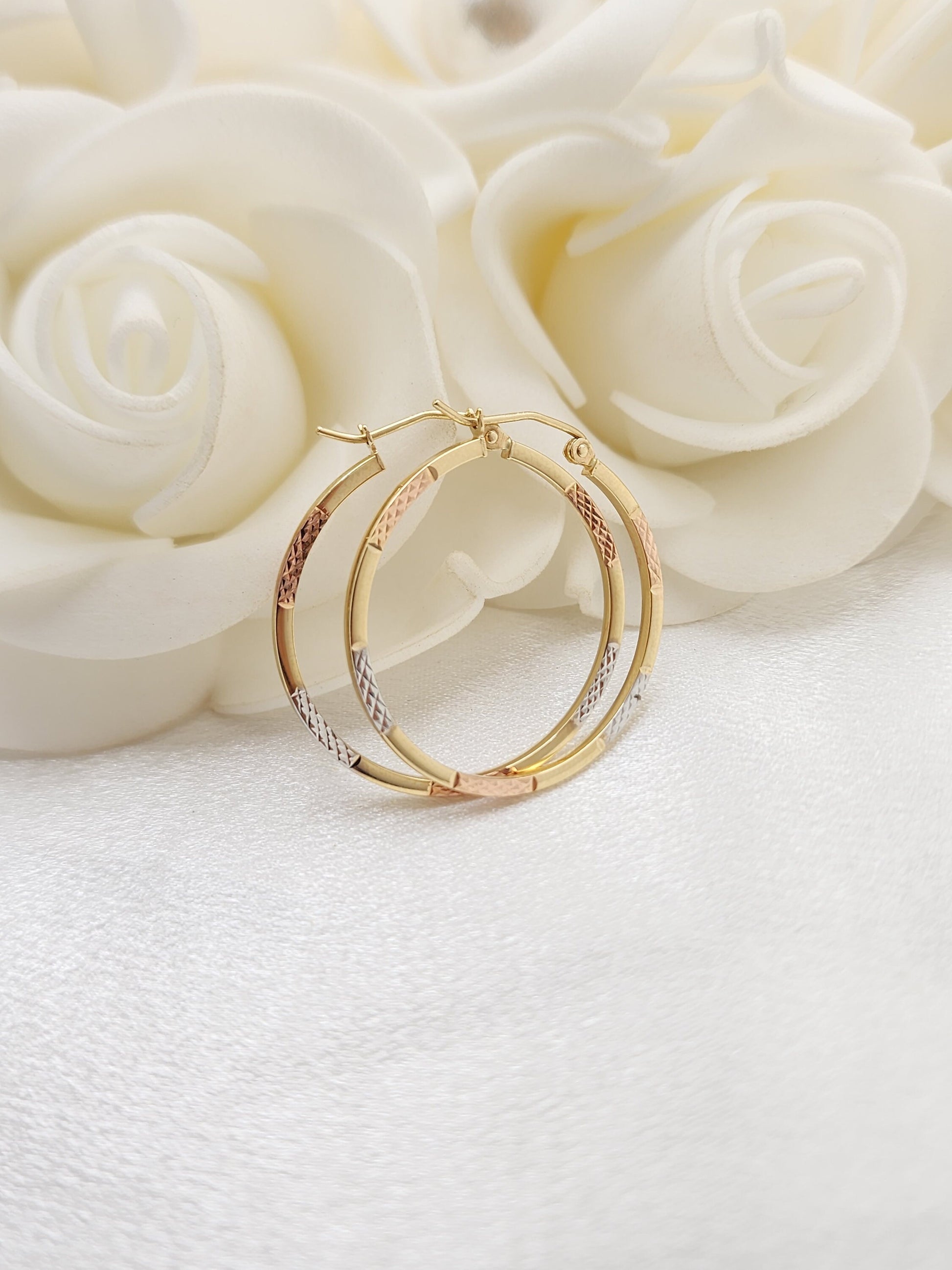 Lightweight 14k Gold Tricolor Hoops Earrings - 30mm Thin Hoops - Elegant & Versatile - Perfect Gift For Her