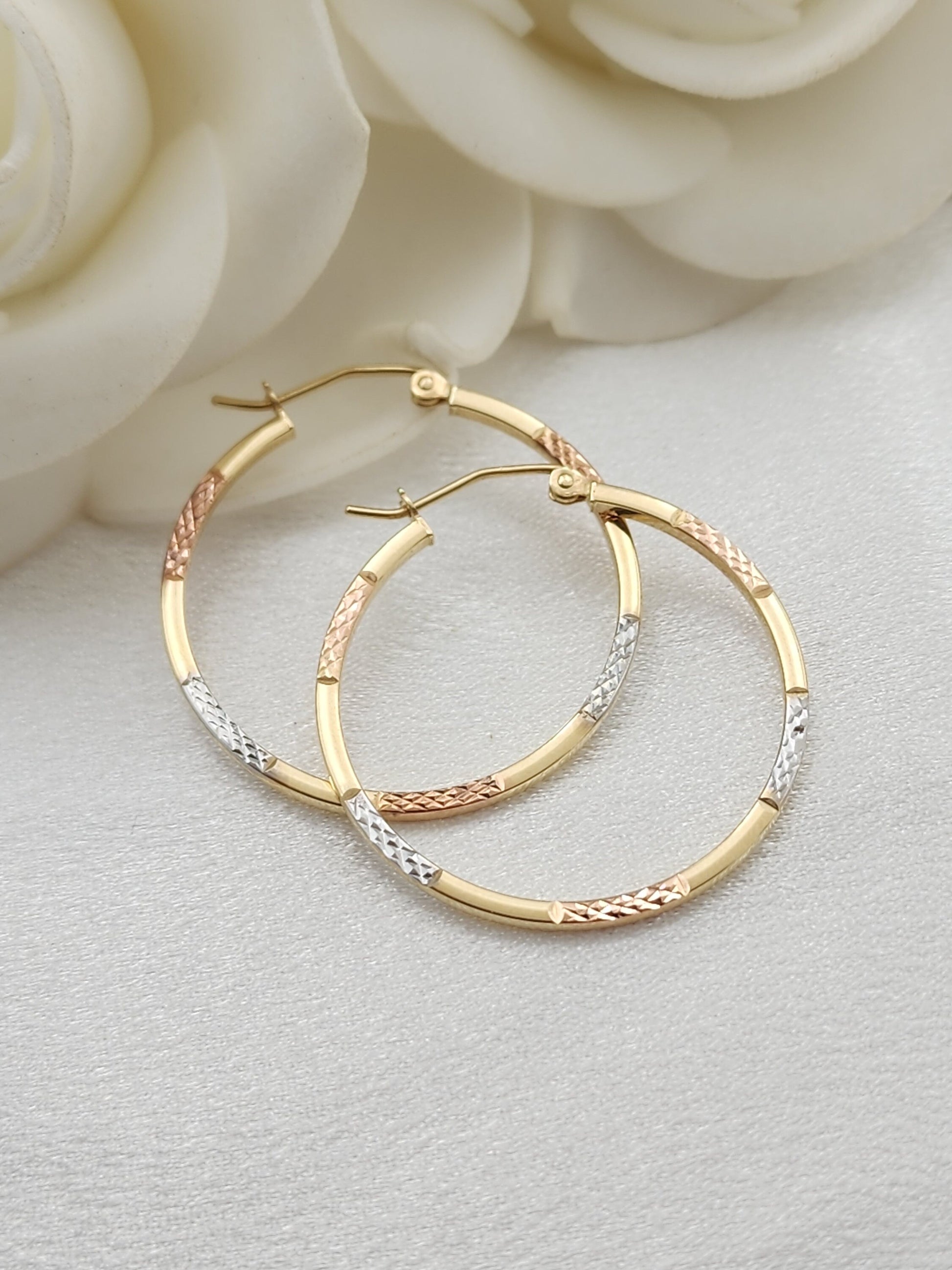 Lightweight 14k Gold Tricolor Hoops Earrings - 30mm Thin Hoops - Elegant & Versatile - Perfect Gift For Her