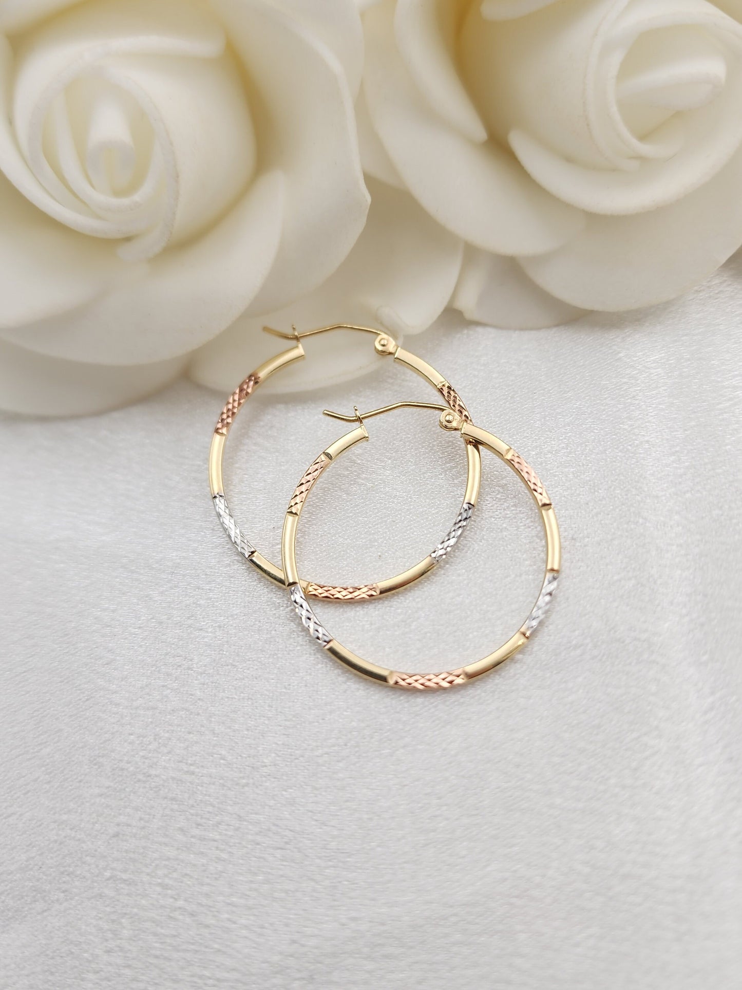 Lightweight 14k Gold Tricolor Hoops Earrings - 30mm Thin Hoops - Elegant & Versatile - Perfect Gift For Her