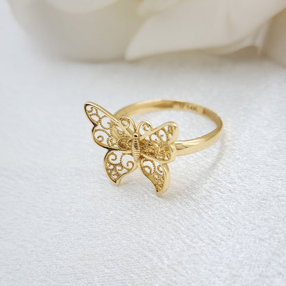 Solid 14k Yellow Gold Big Butterfly Ring - Adorable Modern Jewelry