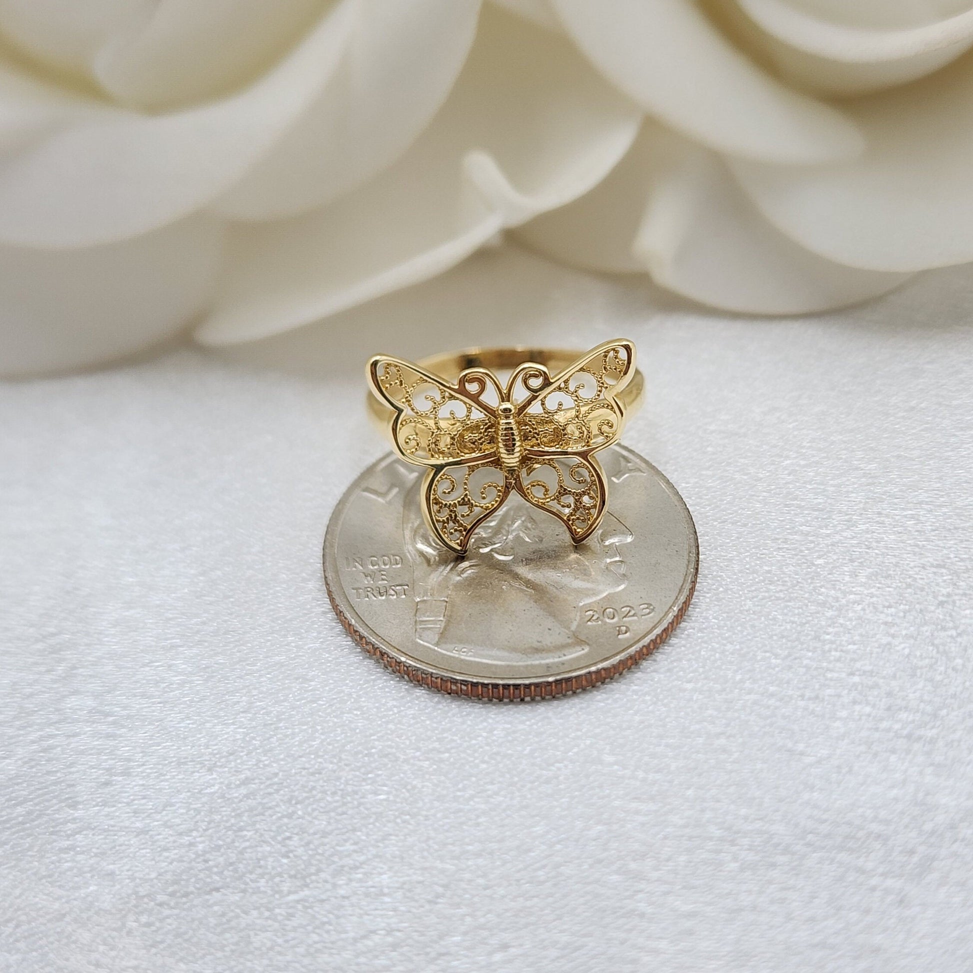 Solid 14k Yellow Gold Big Butterfly Ring - Adorable Modern Jewelry