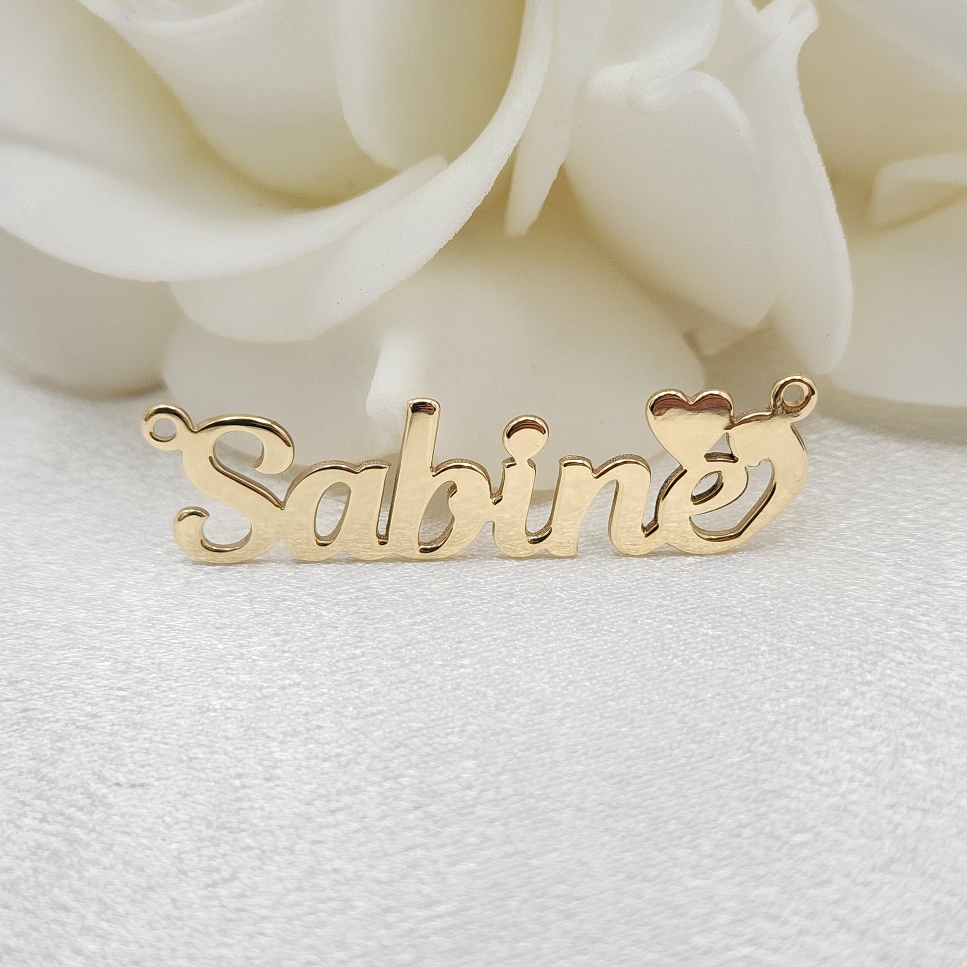 Solid Gold Handmade Nameplate With Heart Pendant - Polished Gold Nameplate - 10k, 14k - Real Gold