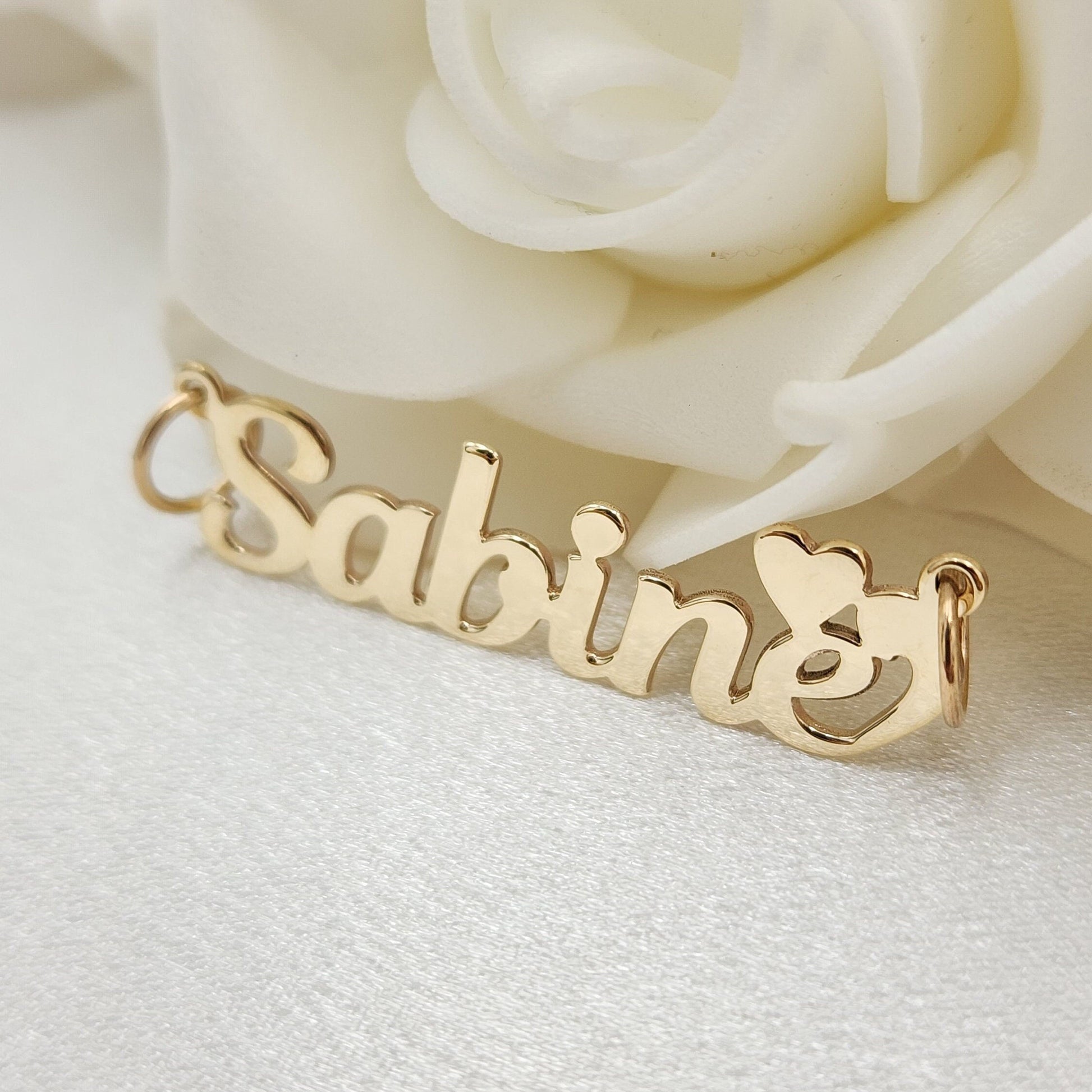 Solid Gold Handmade Nameplate With Heart Pendant - Polished Gold Nameplate - 10k, 14k - Real Gold