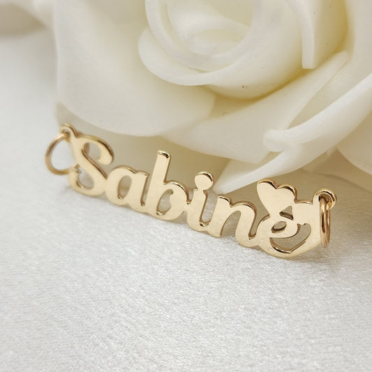 Solid Gold Handmade Nameplate With Heart Pendant - Polished Gold Nameplate - 10k, 14k - Real Gold