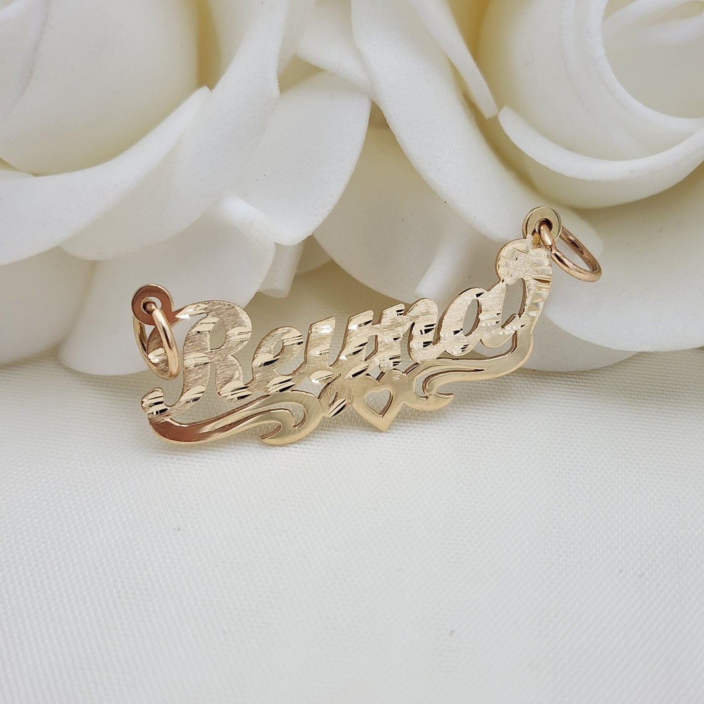 Solid 14K Gold Personalized Heart NamePlate - Custom Real Gold Diamond Cut - Made To Order -