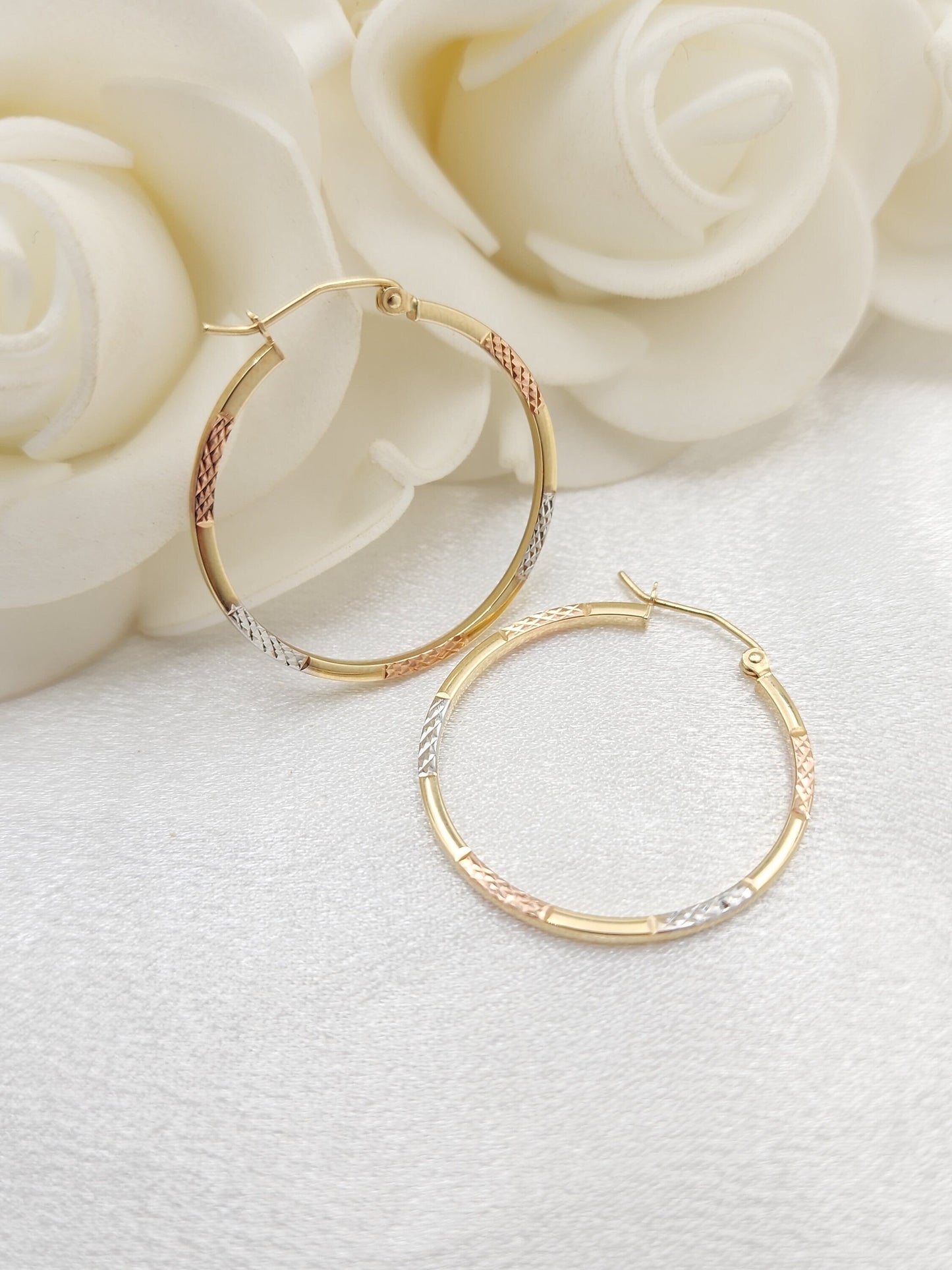 Lightweight 14k Gold Tricolor Hoops Earrings - 30mm Thin Hoops - Elegant & Versatile - Perfect Gift For Her