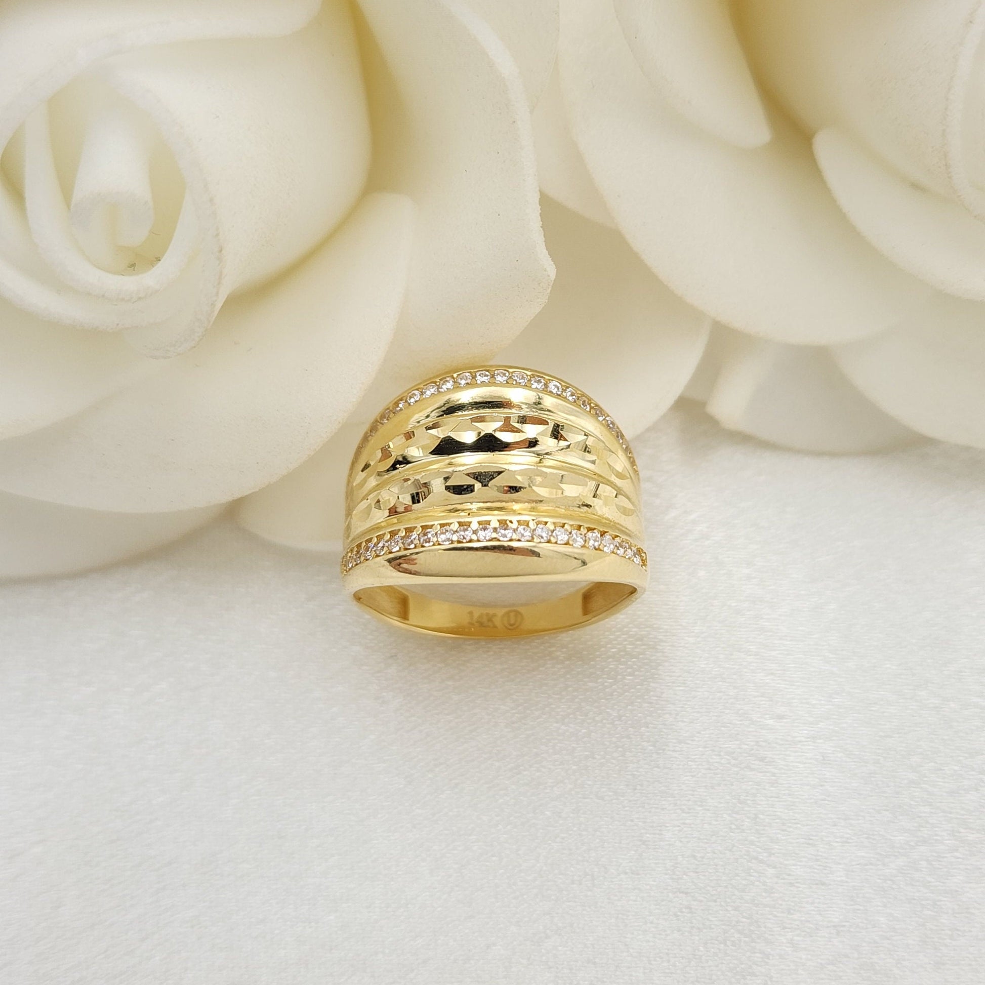 Solid 14k Gold Dome CZ Fancy Ring - Diamond Cut Dome - Unique