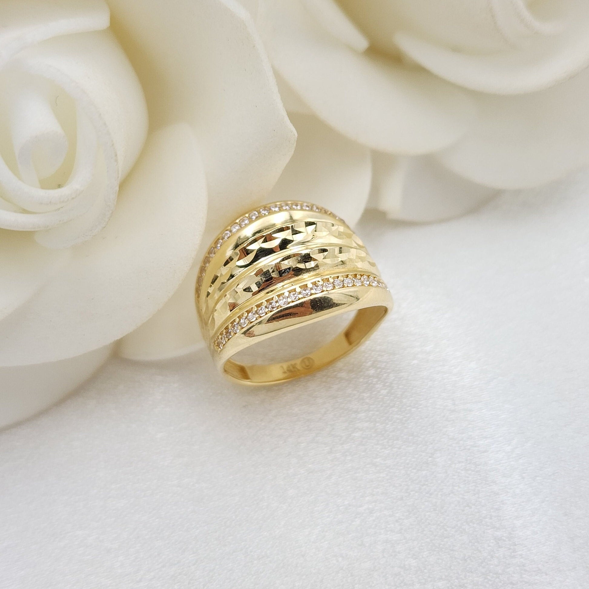 Solid 14k Gold Dome CZ Fancy Ring - Diamond Cut Dome - Unique