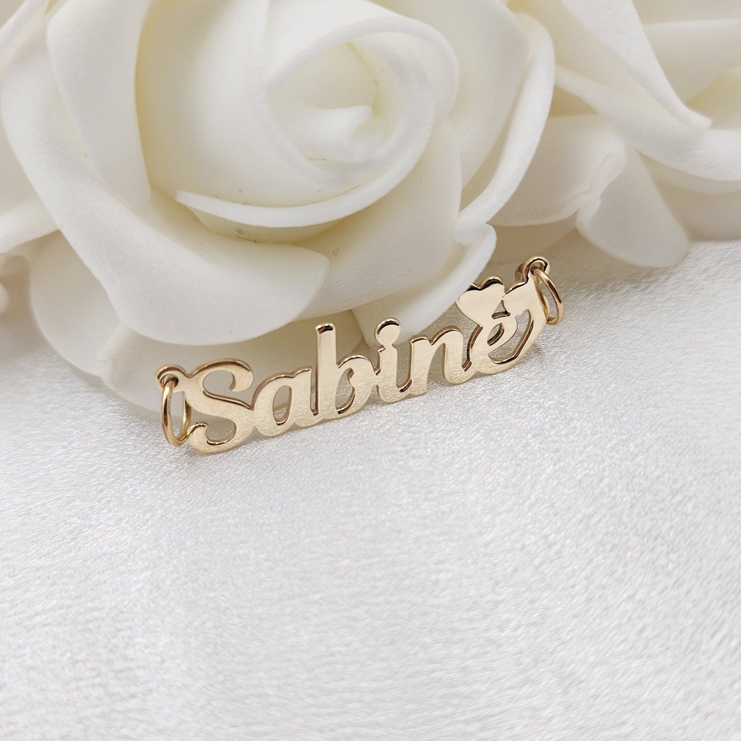 Solid Gold Handmade Nameplate With Heart Pendant - Polished Gold Nameplate - 10k, 14k - Real Gold