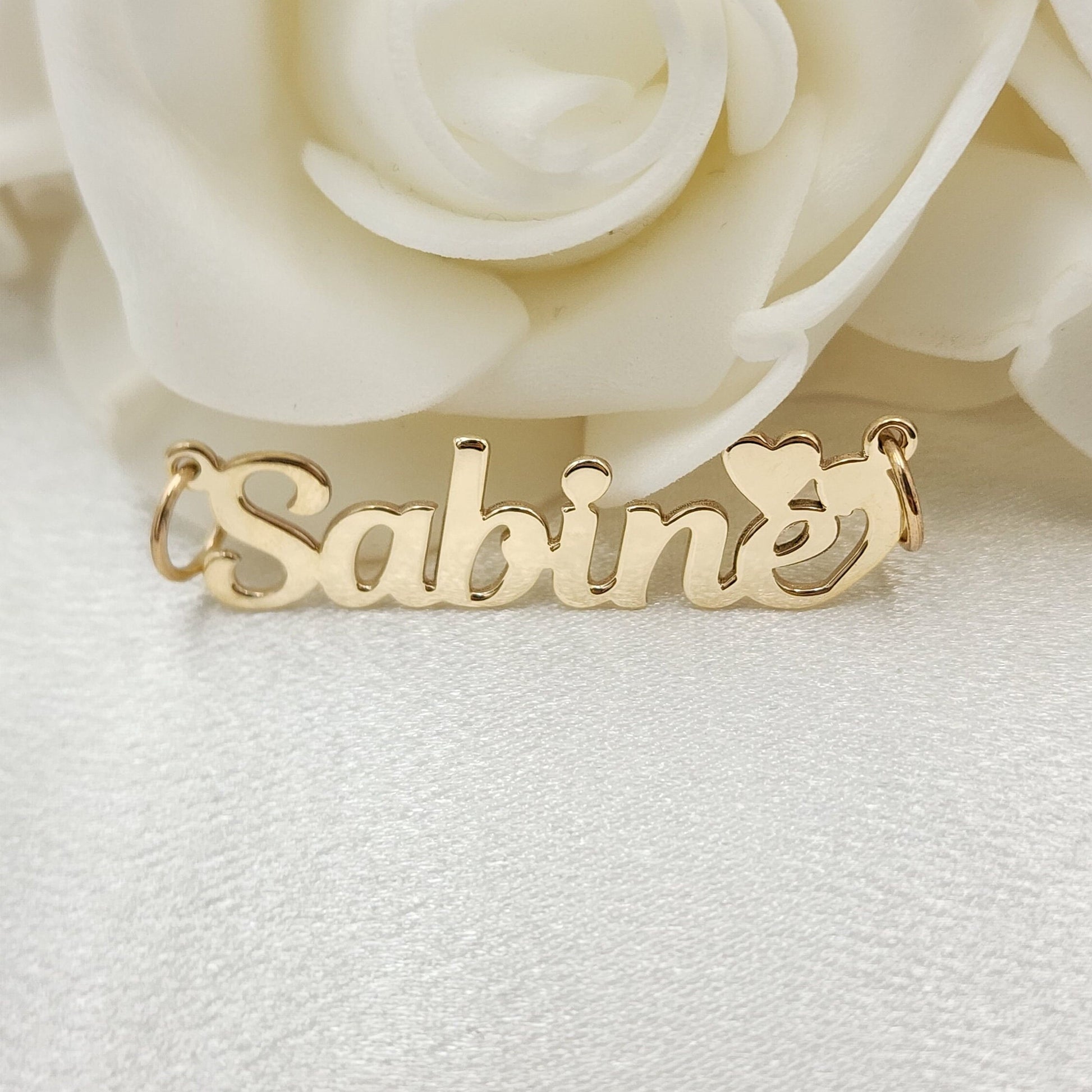 Solid Gold Handmade Nameplate With Heart Pendant - Polished Gold Nameplate - 10k, 14k - Real Gold