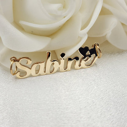 Solid Gold Handmade Nameplate With Heart Pendant - Polished Gold Nameplate - 10k, 14k - Real Gold